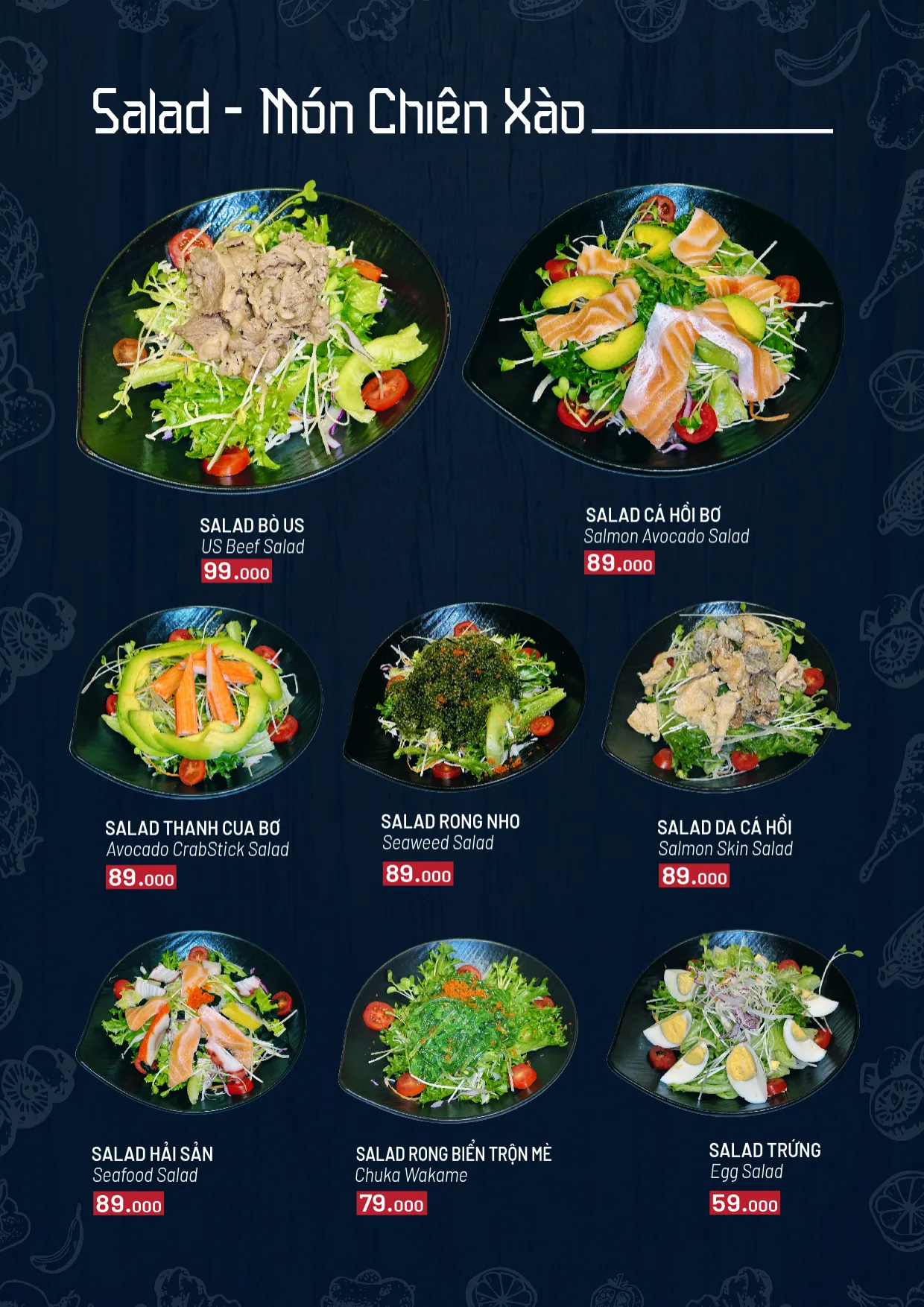 Menu gọi món trang 2: salad bò Mỹ, cá hồi bơ, thanh cua bơ, rong nho, da cá hồi, hải sản, rong biển trộn mè, trứng