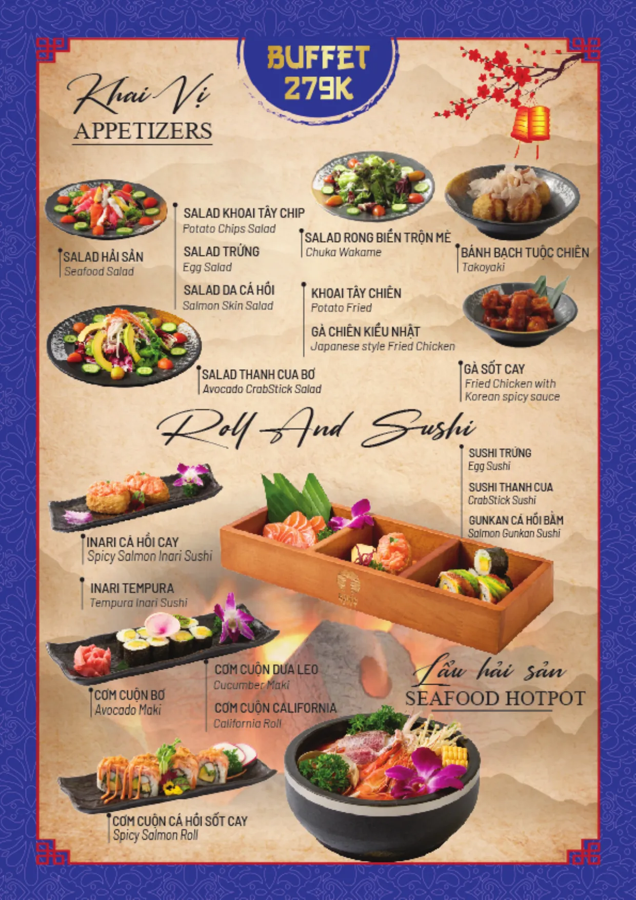 Menu buffet trang 2: gói 279K, khai vị, cơm cuộn và sushi, lẩu hải sản