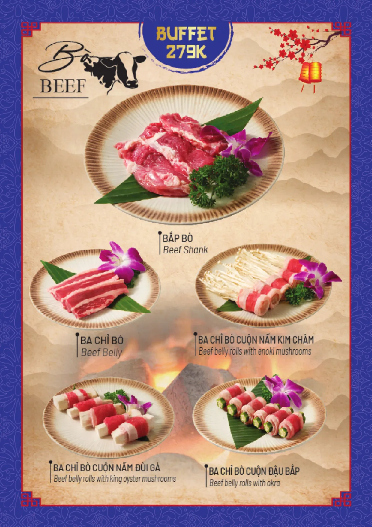 Menu buffet trang 3: gói 279K, bò nướng