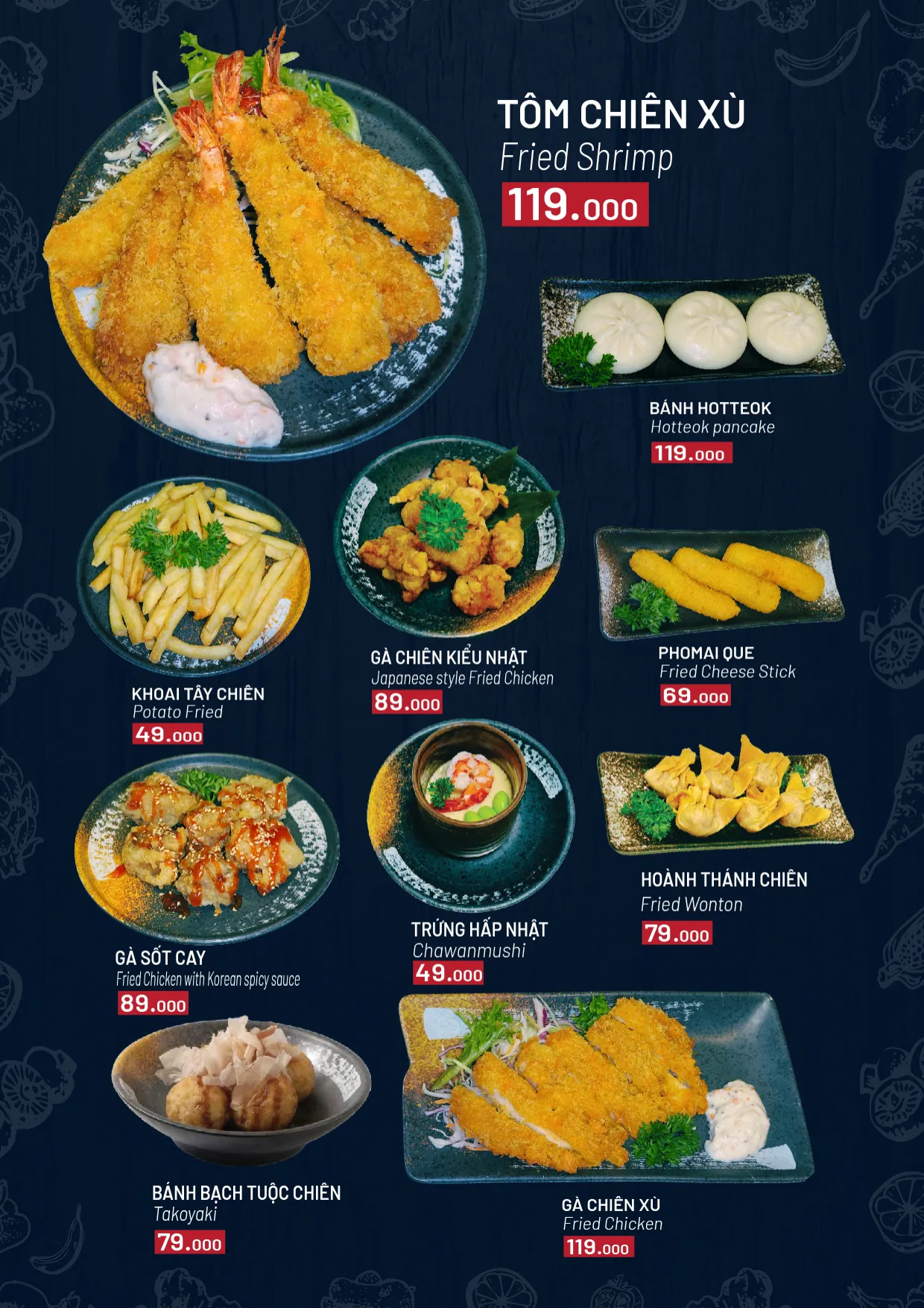 Menu gọi món trang 3: món chiên, tôm chiên xù, gà chiên kiểu Nhật, gà sốt cay, gà chiên xù, khoai tây chiên, phô mai que, hoành thánh chiên, bánh bạch tuộc chiên, bánh hotteok, trứng hấp Nhật
