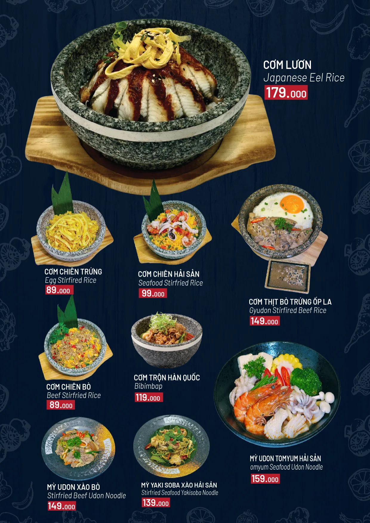Menu gọi món trang 4: cơm và mỳ, cơm lươn, cơm chiên, cơm thịt bò trứng ốp la, cơm trộn Hàn Quốc, mỳ udon xào bò, mỳ yaki soba xào hải sản, mỳ udon tomyum hải sản