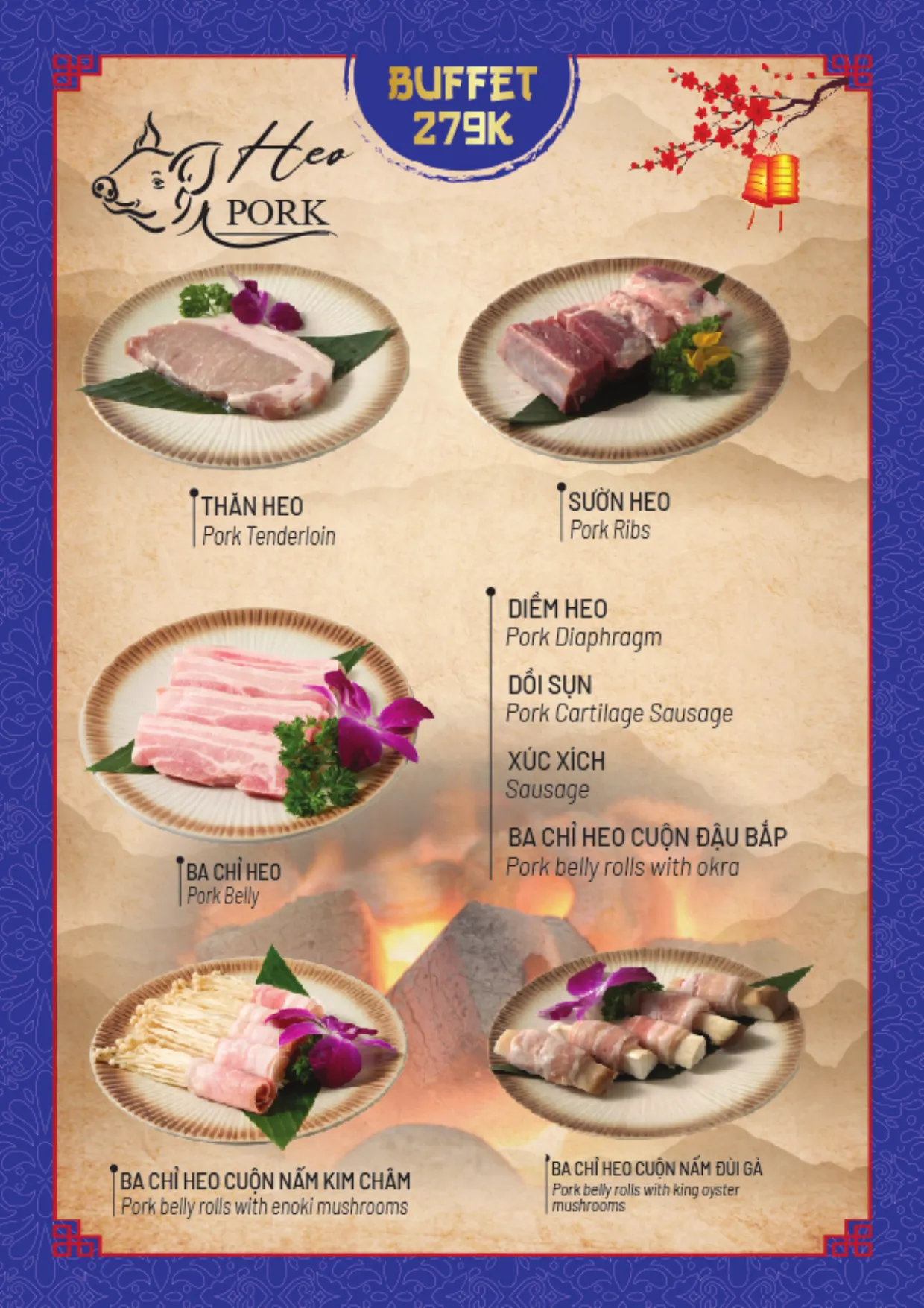 Menu buffet trang 4: gói 279K, heo nướng