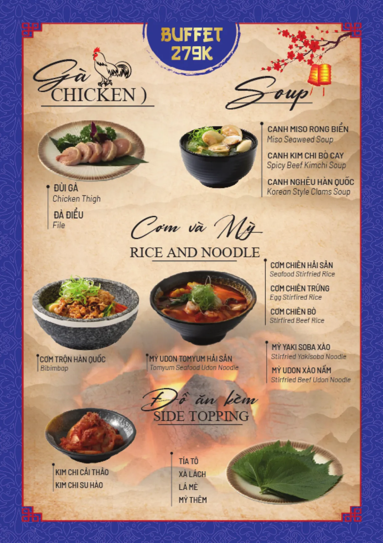 Menu buffet trang 5: gói 279K, gà, canh, cơm và mỳ, đồ ăn kèm