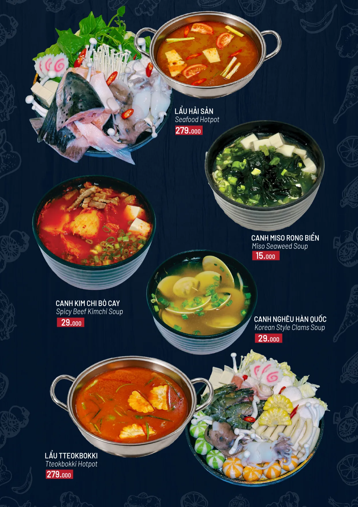 Menu gọi món trang 5: lẩu hải sản, lẩu tteokbokki, canh miso rong biển, canh kim chi bò cay, canh nghêu Hàn Quốc