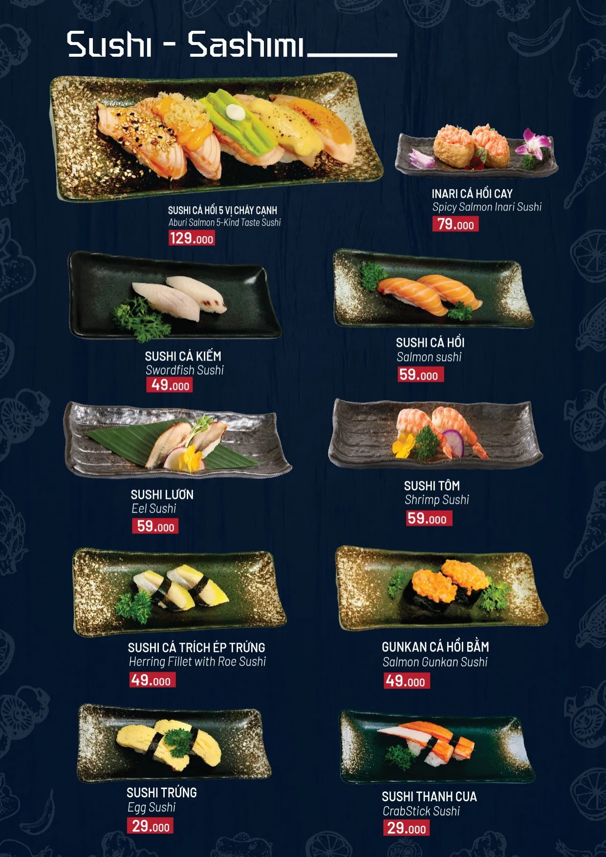 Menu gọi món trang 6: sushi cá hồi 5 vị cháy cạnh, inari cá hồi cay, sushi cá kiếm, cá hồi, lươn, tôm, cá trích ép trứng, trứng, thanh cua, gunkan cá hồi băm