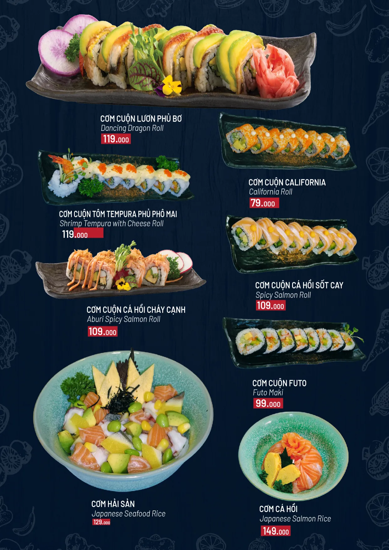 Menu gọi món trang 7: cơm cuộn lươn phủ bơ, California, tôm tempura phủ phô mai, cá hồi sốt cay, cá hồi cháy cạnh, futo, cơm hải sản, cơm cá hồi