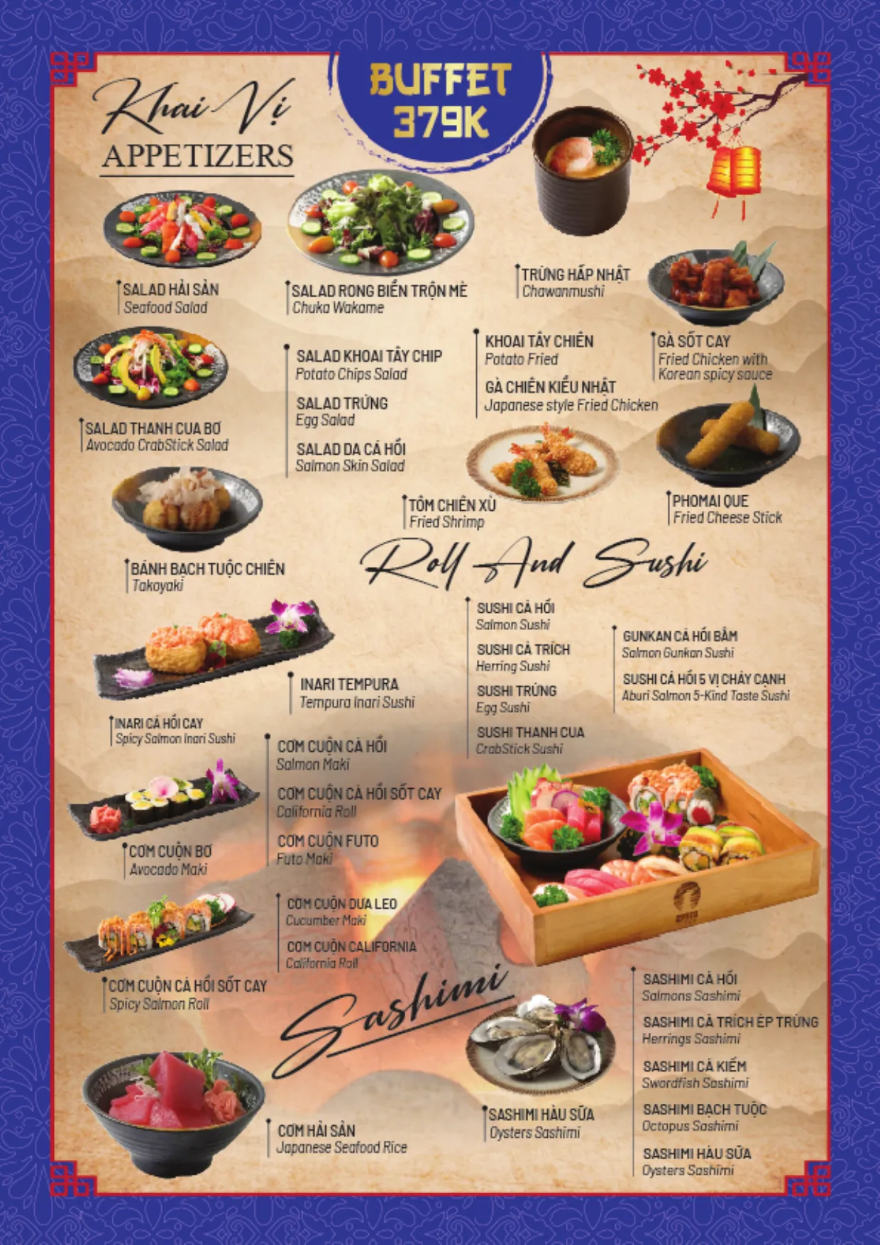 Menu buffet trang 7: gói 379K, khai vị, cơm cuộn và sushi, sashimi