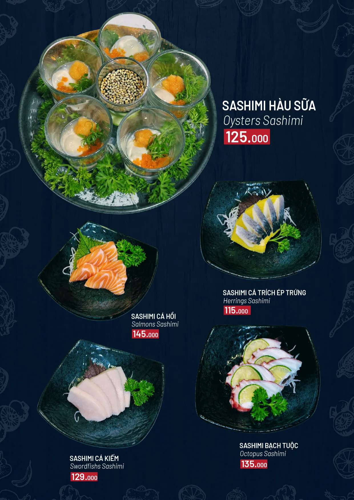 Menu gọi món trang 8: sashimi hàu sữa, cá hồi, cá trích ép trứng, cá kiếm, bạch tuộc