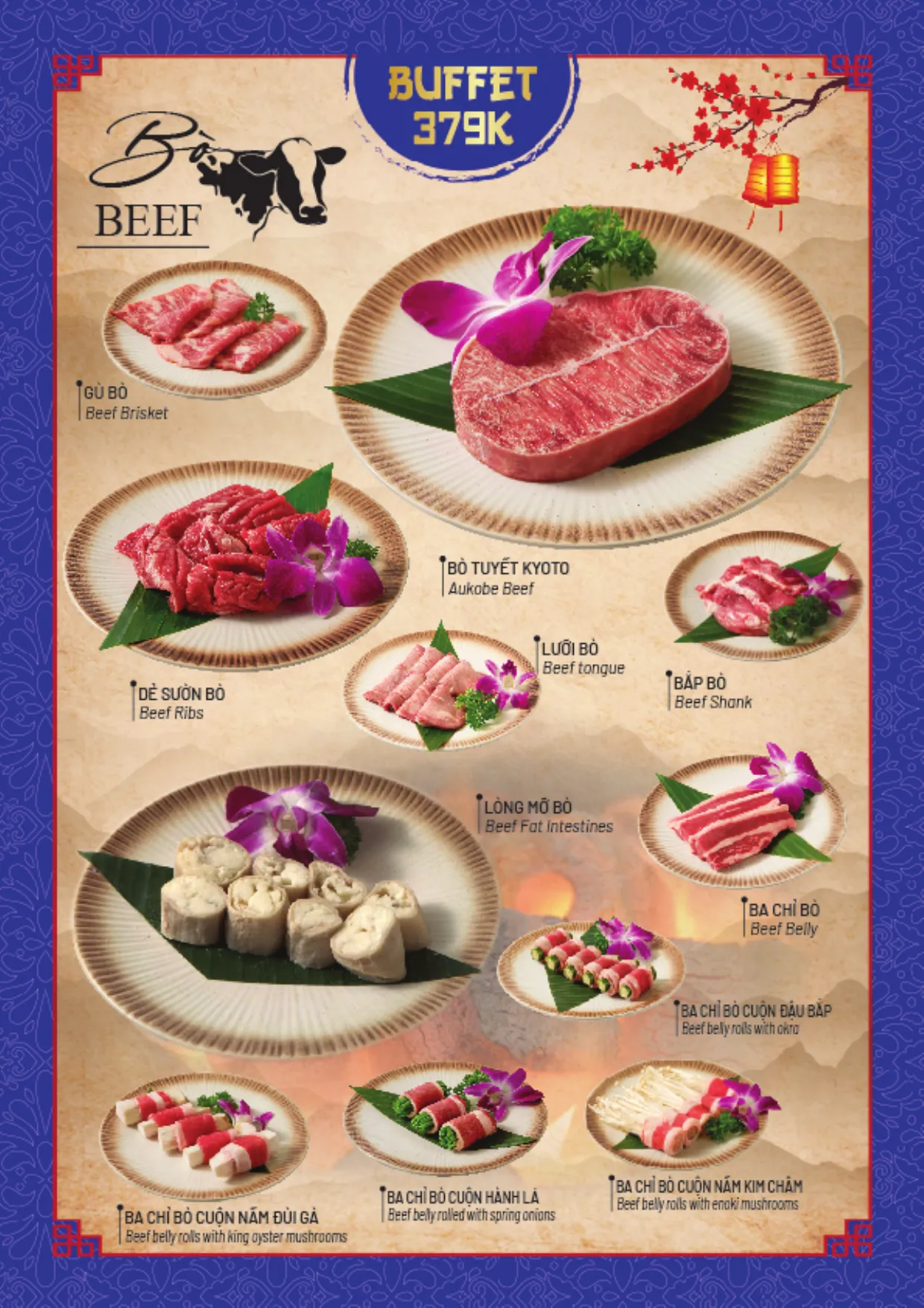 Menu buffet trang 8: gói 379K, bò nướng