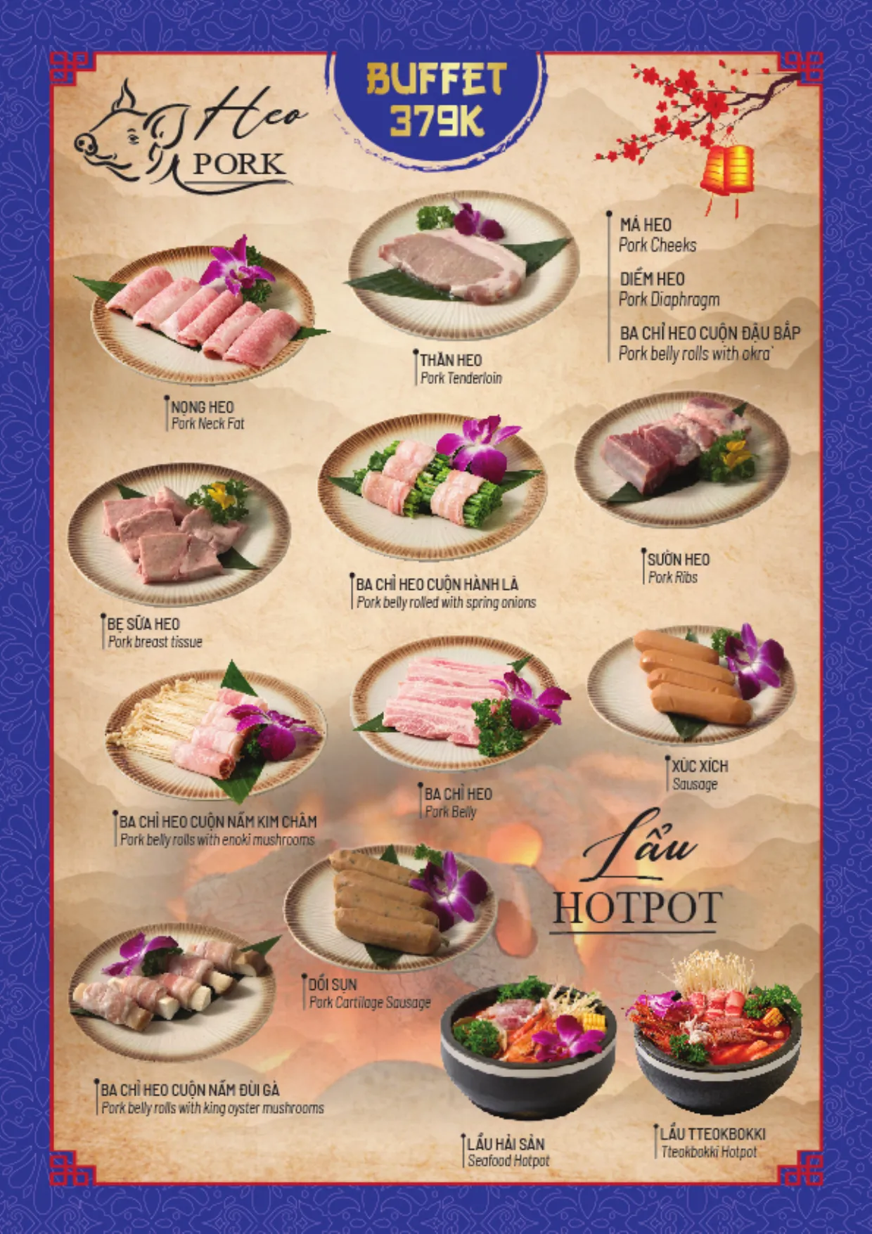 Menu buffet trang 9: gói 379K, heo nướng, lẩu
