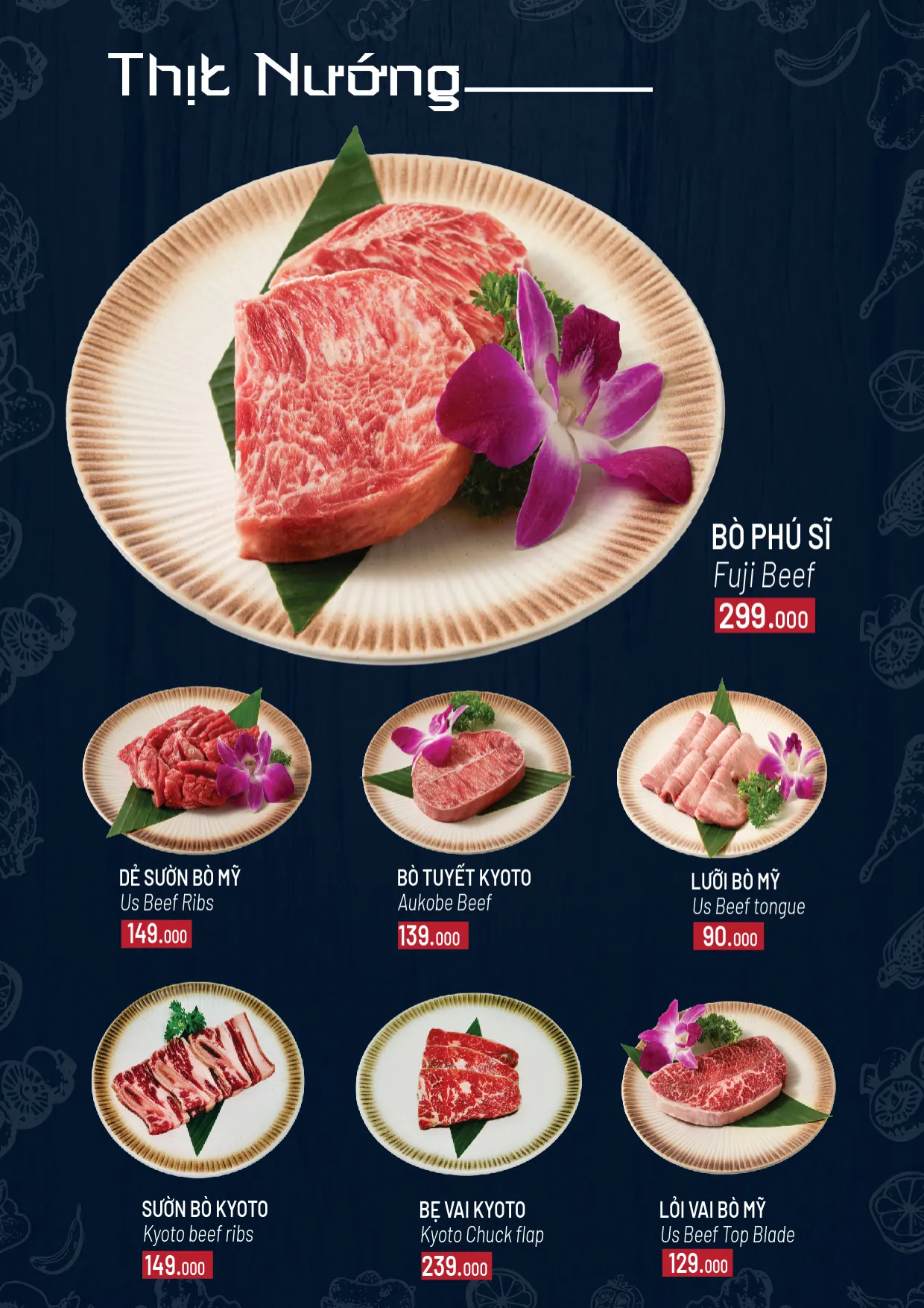 Menu gọi món trang 9: thịt nướng, bò Phú Sĩ, dẻ sườn bò Mỹ, bò tuyết Kyoto, lưỡi bò Mỹ, sườn bò Kyoto, bẹ vai Kyoto, lõi vai bò Mỹ