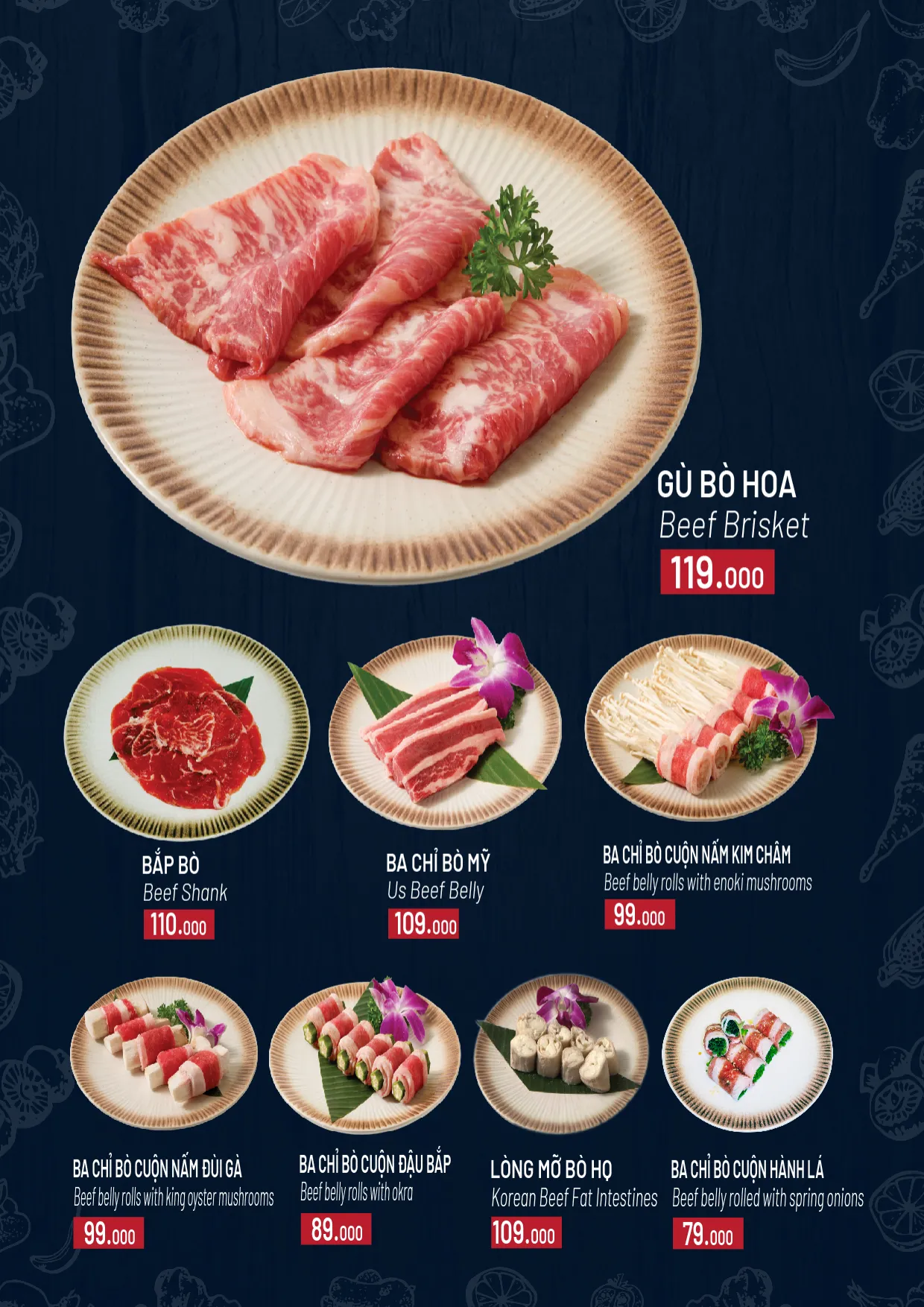 Menu gọi món trang 10: gù bò hoa, bắp bò, ba chỉ bò Mỹ, ba chỉ bò cuộn nấm kim châm, nấm đùi gà, đậu bắp, hành lá, lòng mỡ bò