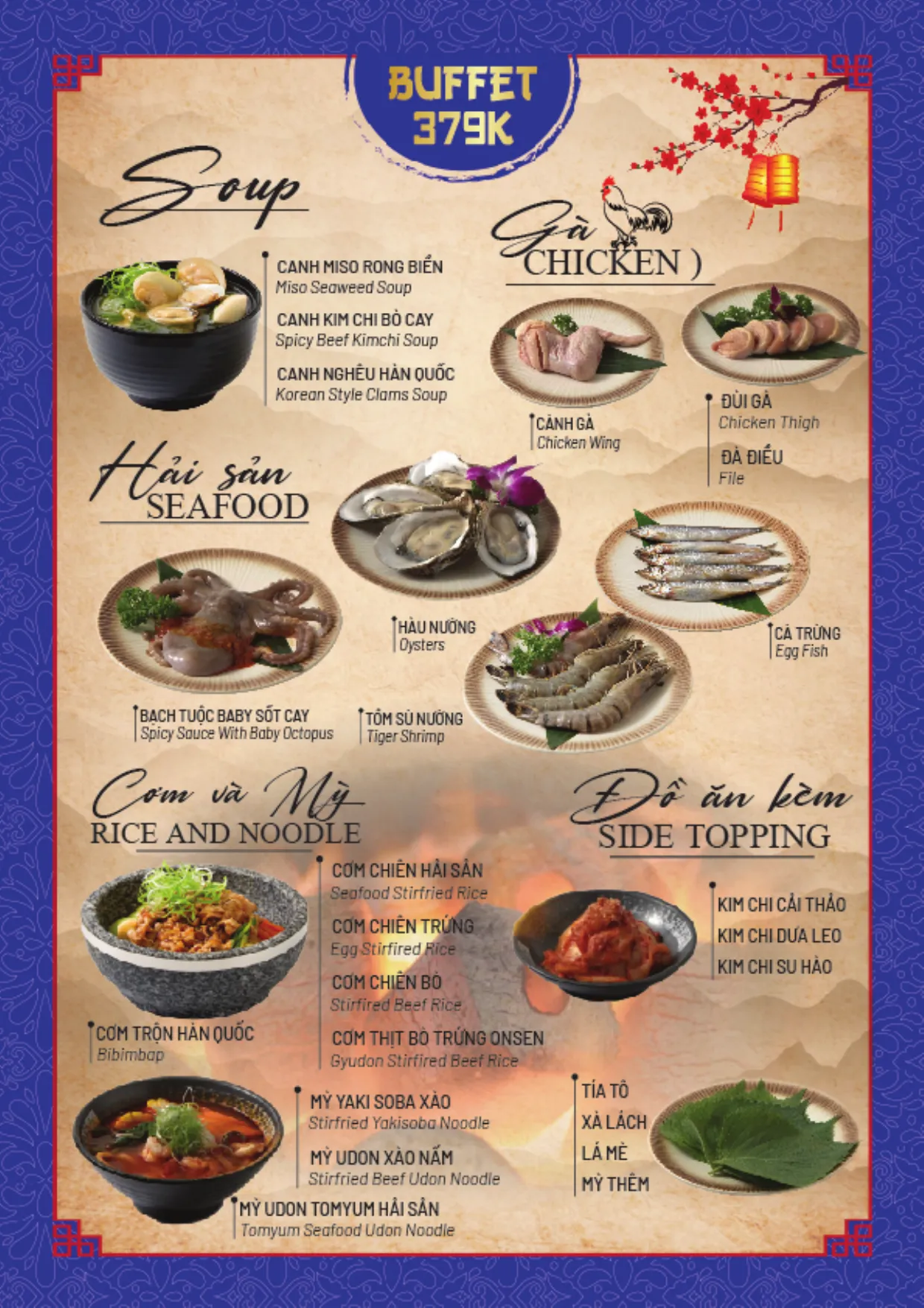 Menu buffet trang 10: gói 379K, canh, gà, hải sản, cơm và mỳ, đồ ăn kèm