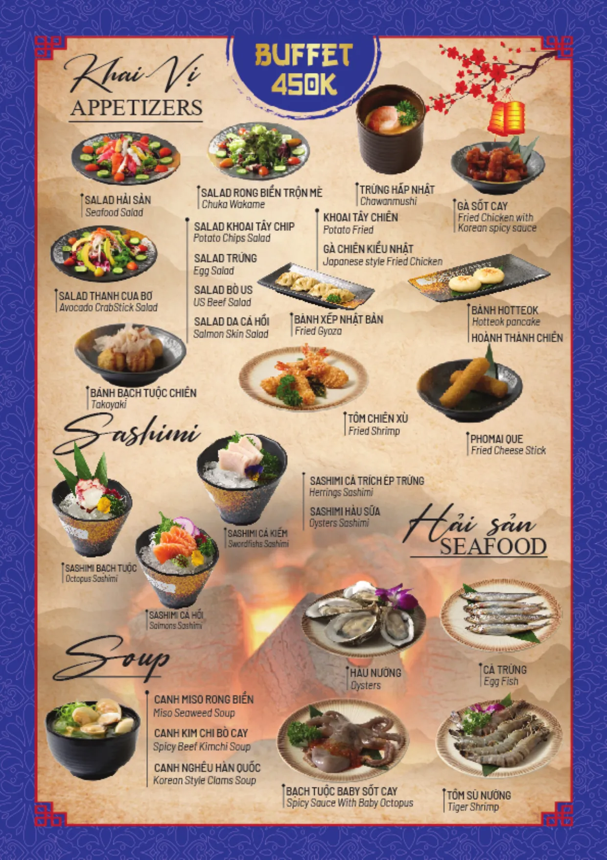 Menu buffet trang 12: gói 450K, khai vị, sashimi, hải sản, canh
