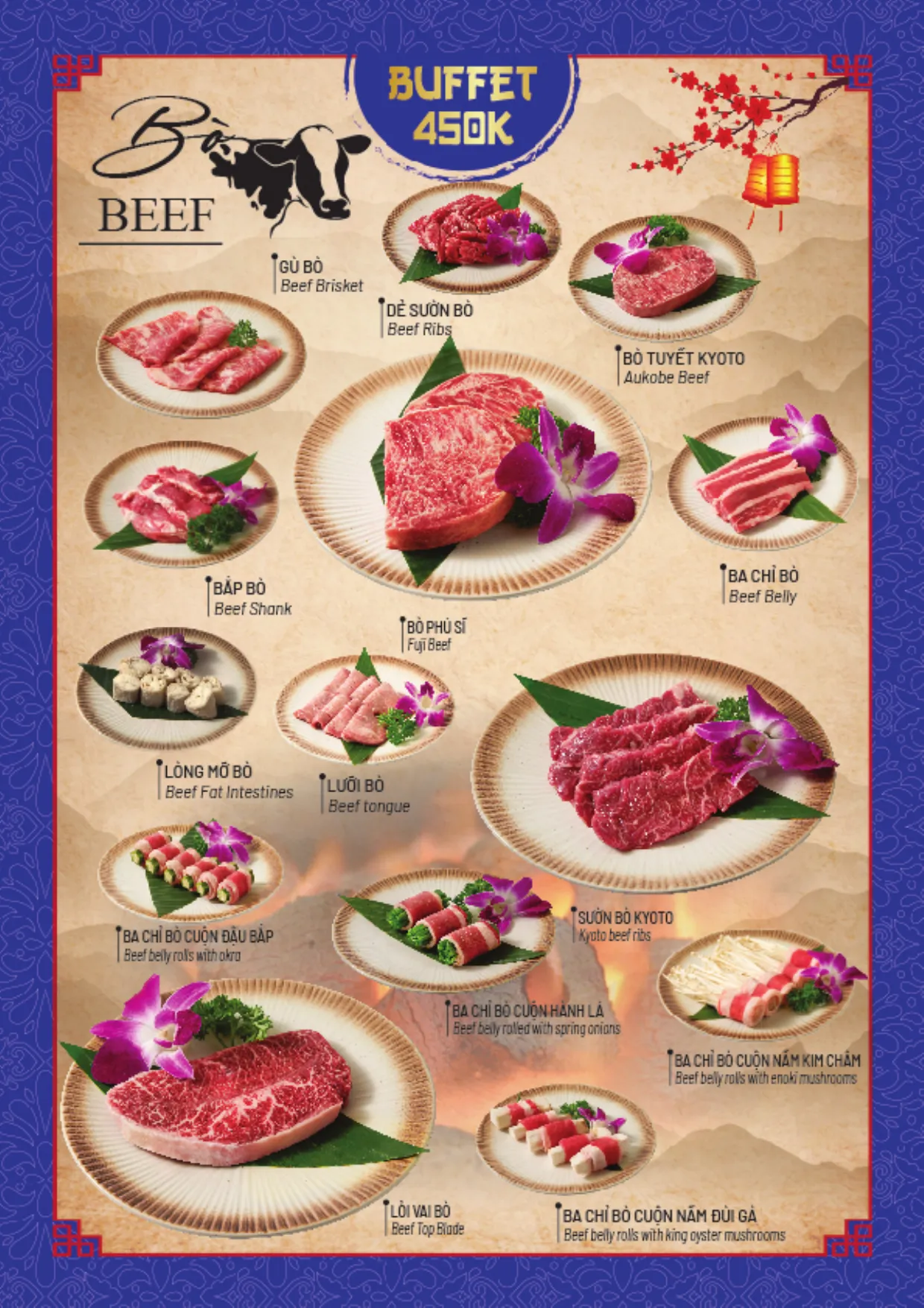 Menu buffet trang 13: gói 450K, bò nướng