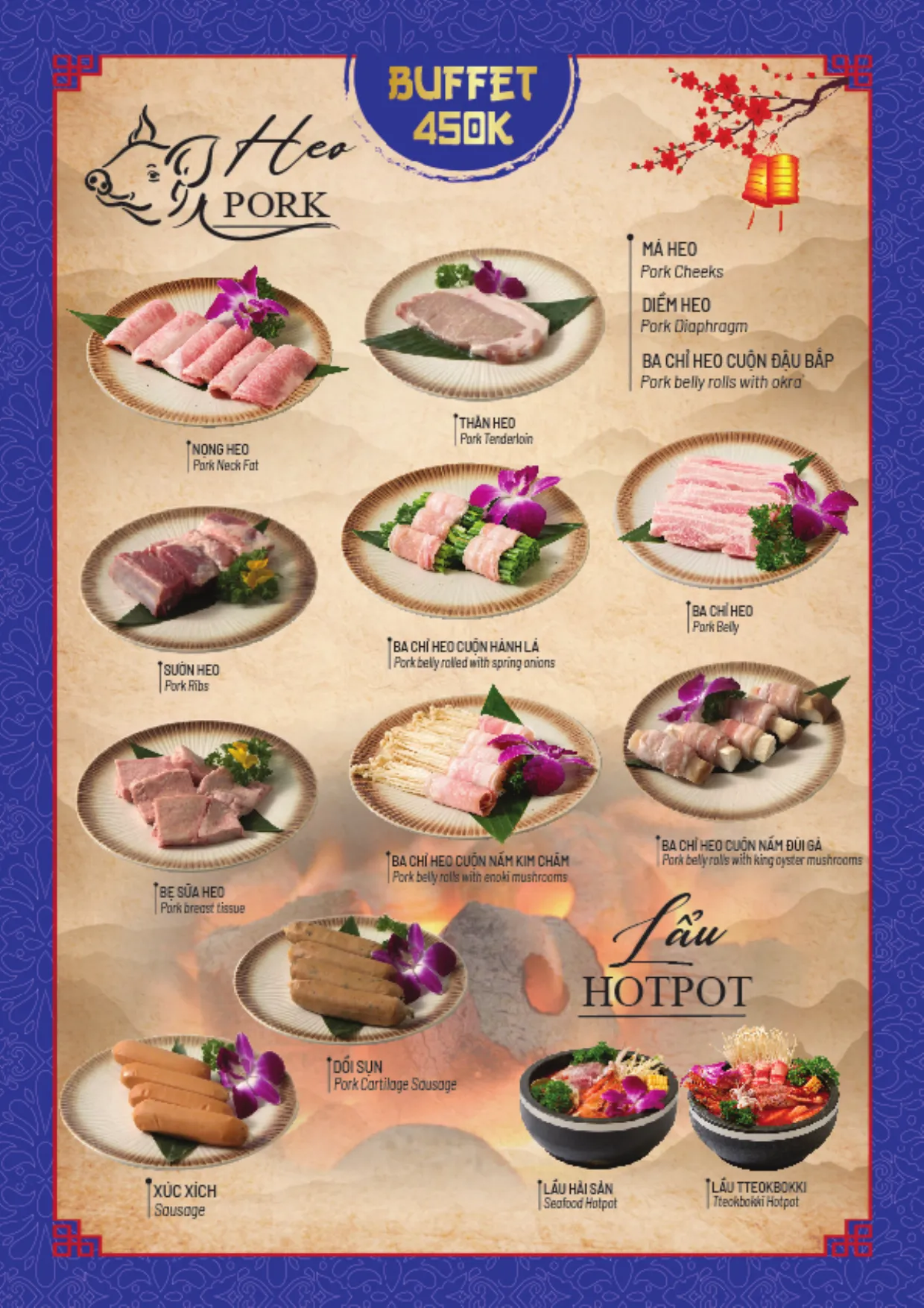 Menu buffet trang 14: gói 450K, heo nướng, lẩu
