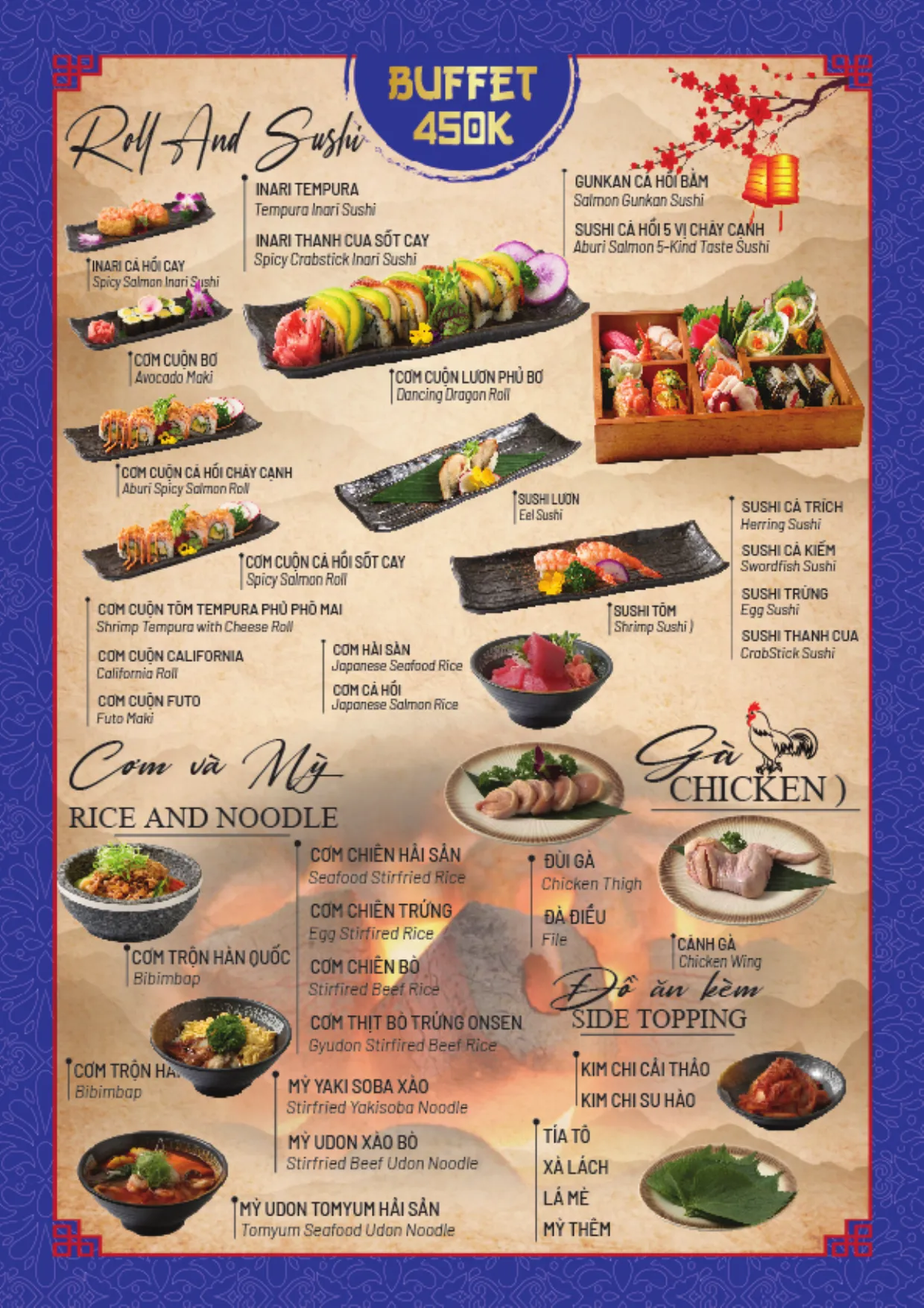 Menu buffet trang 15: gói 450K, cơm cuộn và sushi, cơm và mỳ, gà, đồ ăn kèm